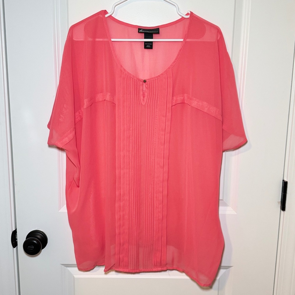 Lane Bryant Coral Pink Pleated Chiffon Blouse Plus Size 14/16 Short Sleeve